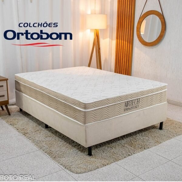 Box Casal Sued Bege Nosso Sonho + Colchão Casal Airtech Springpocket 138x188x62 Molas Ensacadas - Ortobom