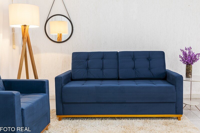 Sofá Áustria 3 Lugares + Poltrona Áustria Veludo Azul A16 - Imagem 2