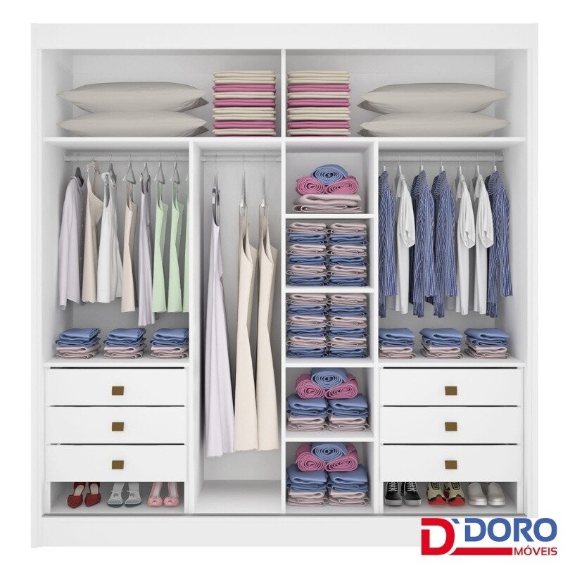 Roupeiro Cancun Cinamomo/Off 2 Portas 6 Gavetas Detalhe Ripado 100% MDF Larg. 2.20m - D Doro - Imagem 5