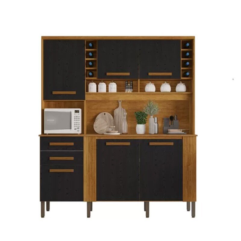 Armário Cozinha Catar Larg. 2.00m Cinamomo/Preto 6 Portas 2 Gavetas - Sallêto - Imagem 4