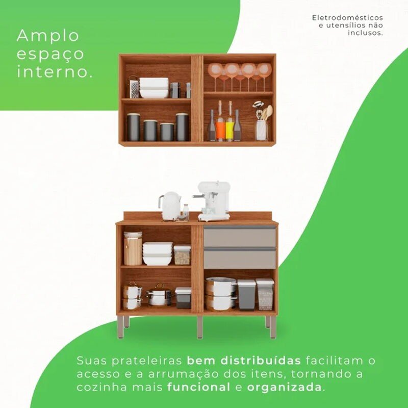 Balcão Pérola Cinamomo/Off 1.20m + Aéreo Pérola 2 Portas Cinamomo/Off 1.20m - Sallêto - Imagem 2