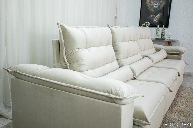 Sofá Retrátil Reclinável Emanuelly 3.20m Veludo Bege 01 - D28 Soft - Imagem 4