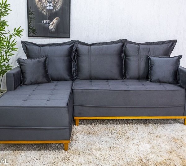 Sofá 3 Lug. Milão C/Chaise Lado Direito Veludo Cinza 814 Larg. 2.30m - Molas Ensacadas