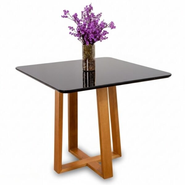 Mesa Pedro 90x90 Vidro Preto/Base Madeira Art Assento - Entregue Montada