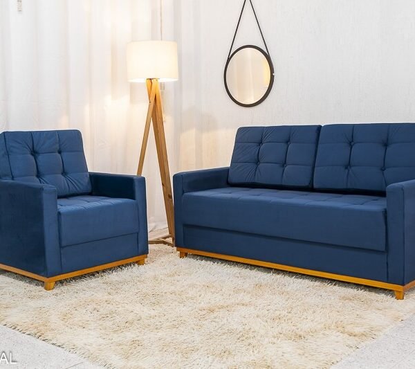 Sofá Áustria 3 Lugares + Poltrona Áustria Veludo Azul A16