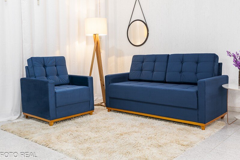 Sofá Áustria 3 Lugares + Poltrona Áustria Veludo Azul A16