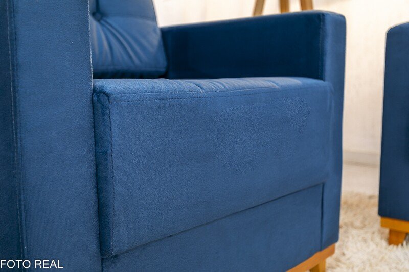 Sofá Áustria 3 Lugares + Poltrona Áustria Veludo Azul A16 - Imagem 7