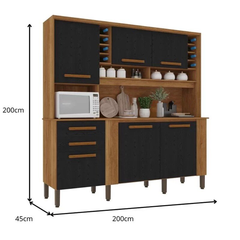 Armário Cozinha Catar Larg. 2.00m Cinamomo/Preto 6 Portas 2 Gavetas - Sallêto - Imagem 3