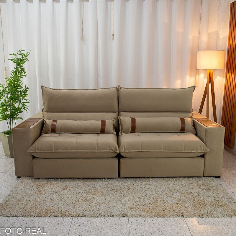 Sofá Retrátil Reclinável Ravello 2.50m Veludo Bege 3040/04 - Espuma D33 - Imagem 7