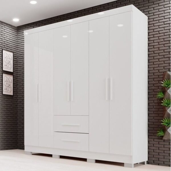 Roupeiro Solteiro Estrela Branco 6 Portas 2 Gavetas C/Pés Larg. 1.50m - Sallêto