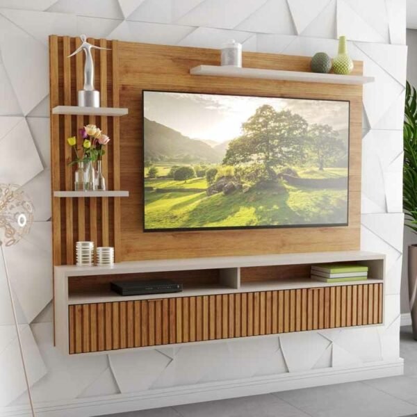 Painel Aurora Larg. 1.80m Mel/Off Detalhe Ripado para TV até 65" - Viero