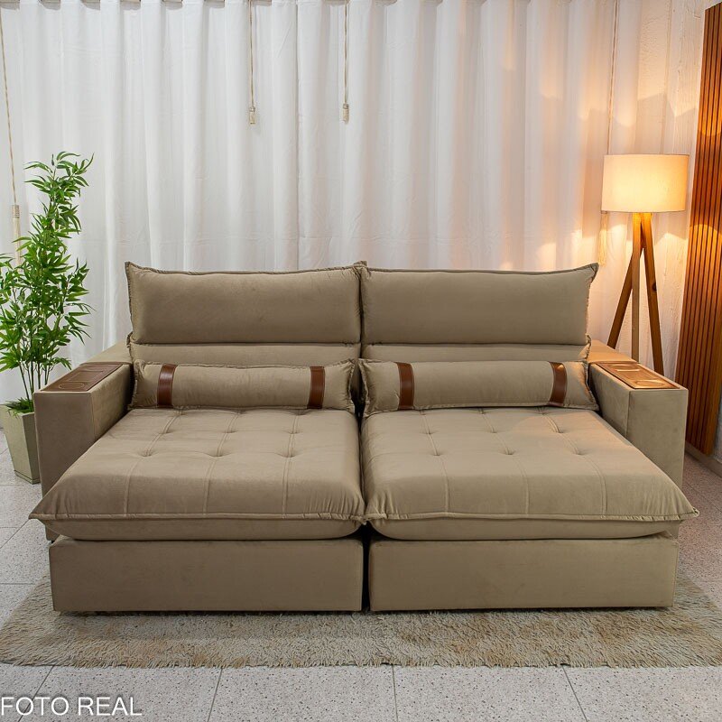 Sofá Retrátil Reclinável Ravello 2.50m Veludo Bege 3040/04 - Espuma D33 - Imagem 6