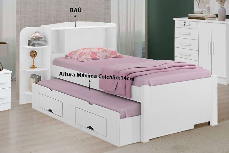 Cama Solteiro Milênio + Cama Auxiliar 2 Gavetas Branca - D Doro - Imagem 2