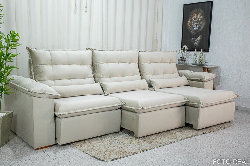 Sofá Retrátil Reclinável Emanuelly 3.20m Veludo Bege 01 - D28 Soft - Imagem 2