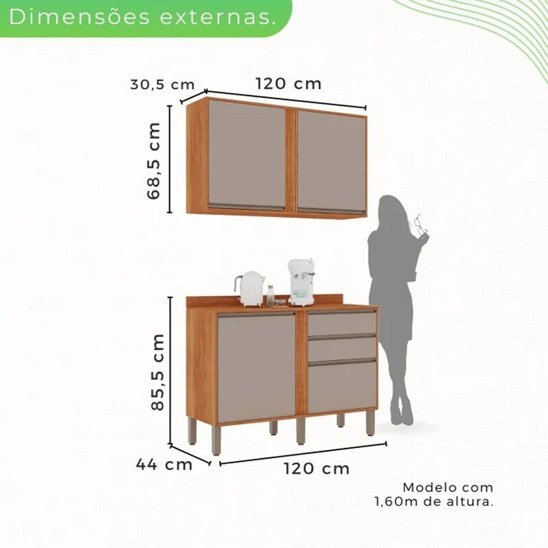 Balcão Pérola Cinamomo/Off 1.20m + Aéreo Pérola 2 Portas Cinamomo/Off 1.20m - Sallêto - Imagem 4