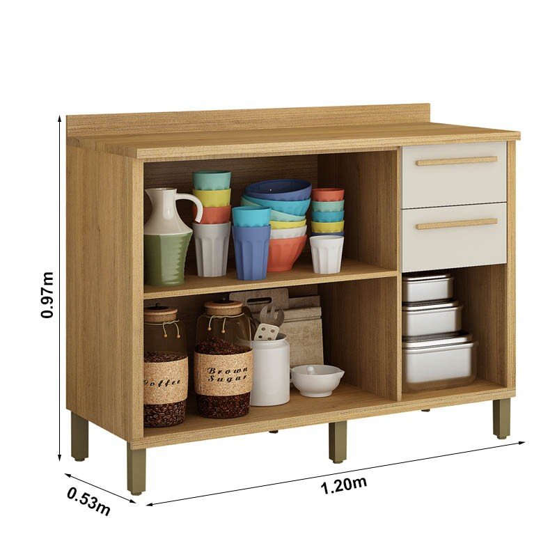 Balcão Cozinha Torino Cinamomo/Off 3 Portas 2 Gavetas Larg. 1.20m - Valdemoveis - Imagem 2