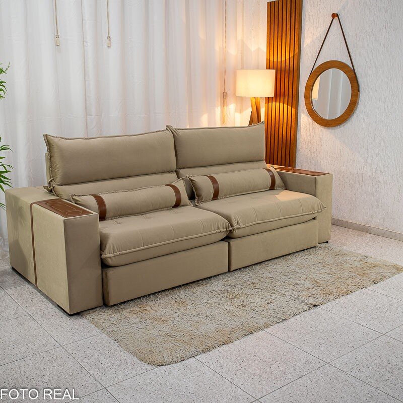 Sofá Retrátil Reclinável Ravello 2.50m Veludo Bege 3040/04 - Espuma D33 - Imagem 3