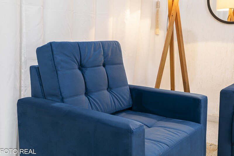 Sofá Áustria 3 Lugares + Poltrona Áustria Veludo Azul A16 - Imagem 6