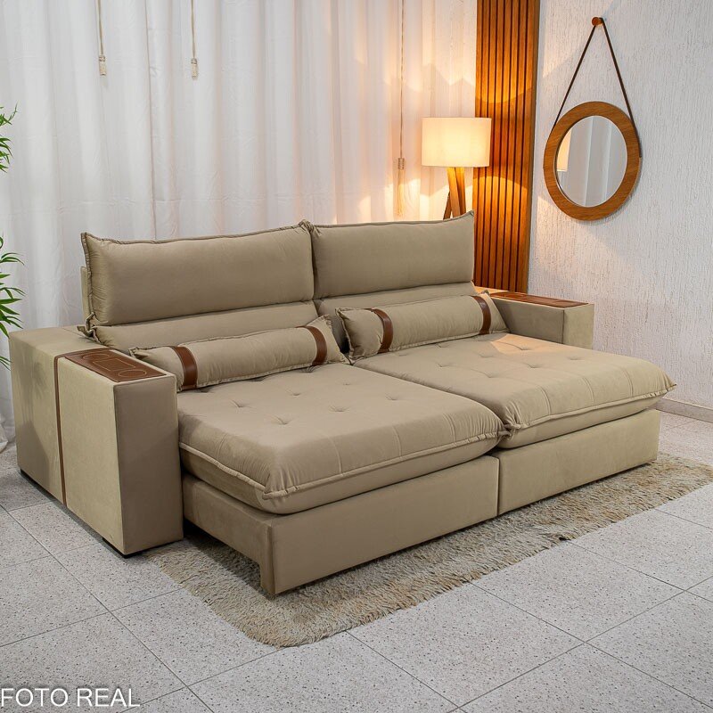 Sofá Retrátil Reclinável Ravello 2.50m Veludo Bege 3040/04 - Espuma D33 - Imagem 2