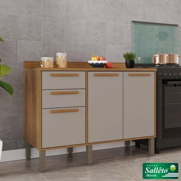 Balcão Flórida Larg. 1.20m Cinamomo/Off 3 Portas 2 Gavetas - Sallêto