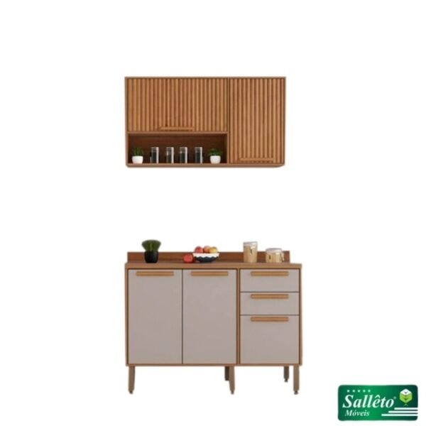 Balcão Flórida 3 Portas 2 Gavetas Larg. 1.20m + Armário Aéreo Florida 2 Portas Larg. 1.20m Ripado Cinamomo/Off - Sallêto