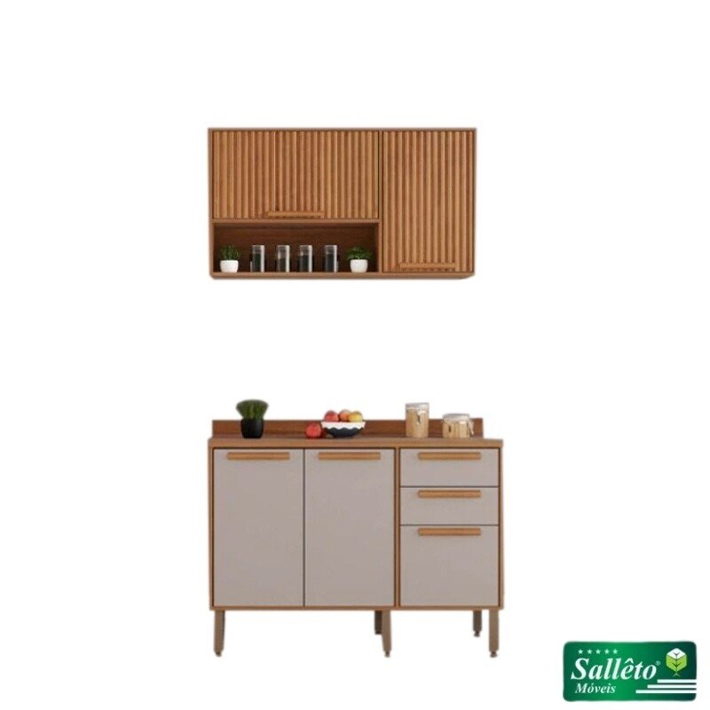 Balcão Flórida 3 Portas 2 Gavetas Larg. 1.20m + Armário Aéreo Florida 2 Portas Larg. 1.20m Ripado Cinamomo/Off - Sallêto