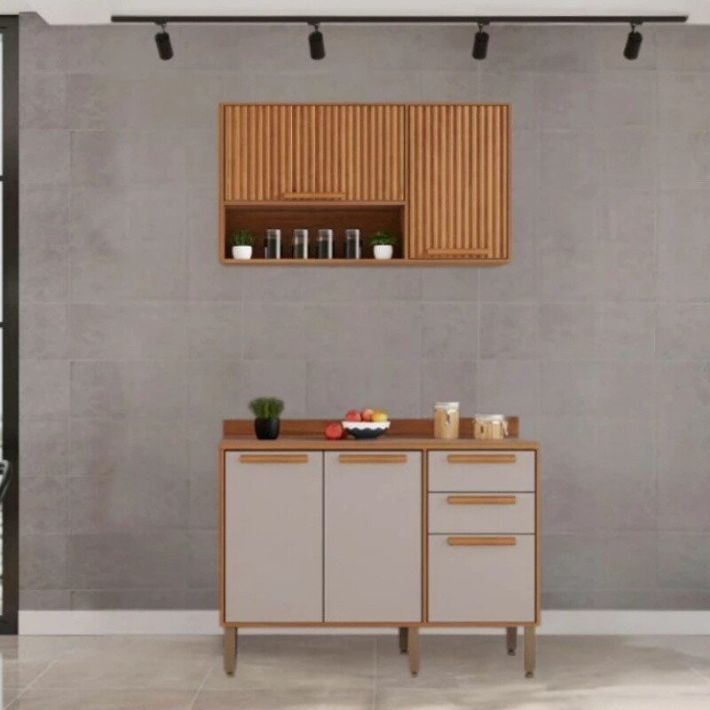 Balcão Flórida 3 Portas 2 Gavetas Larg. 1.20m + Armário Aéreo Florida 2 Portas Larg. 1.20m Ripado Cinamomo/Off - Sallêto - Imagem 2