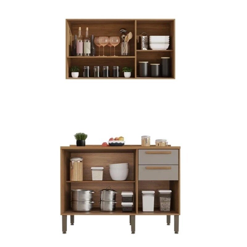 Balcão Flórida 3 Portas 2 Gavetas Larg. 1.20m + Armário Aéreo Florida 2 Portas Larg. 1.20m Ripado Cinamomo/Off - Sallêto - Imagem 3