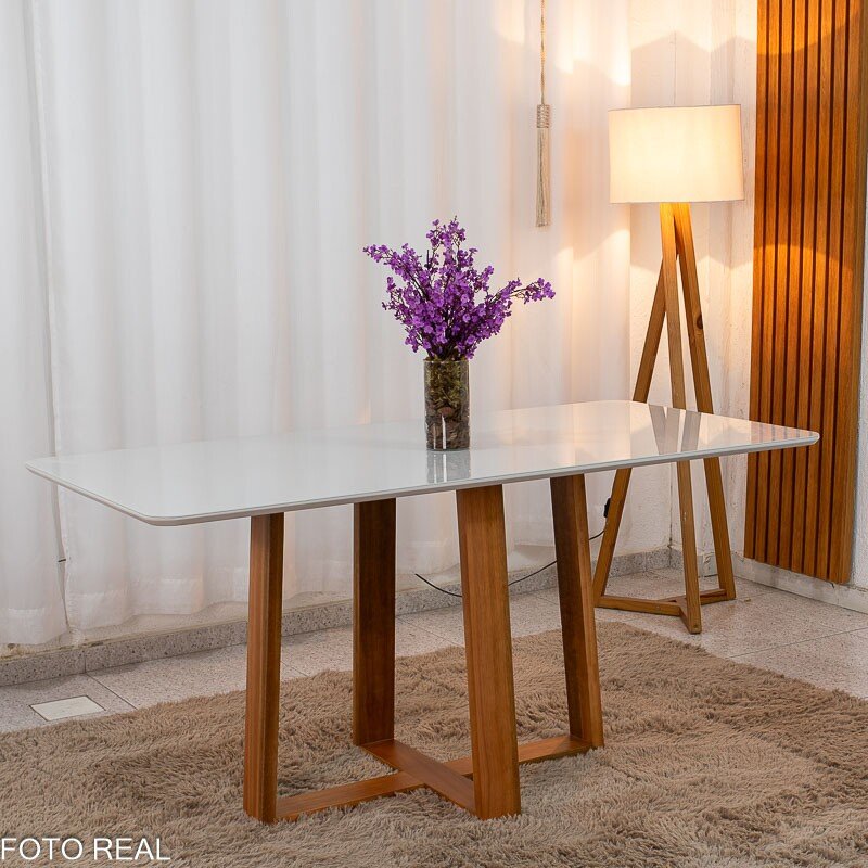 Mesa de Jantar Pedro 160x80 Vidro Off/Base Madeira + 6 Cad. Lisboa Veludo Cinza 507 Madeira Art Assento - Entregue Montada - Imagem 9