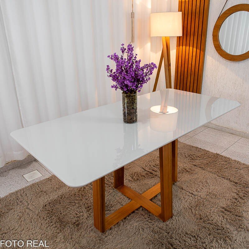 Mesa de Jantar Pedro 160x80 Vidro Off/Base Madeira + 6 Cad. Lisboa Veludo Cinza 507 Madeira Art Assento - Entregue Montada - Imagem 10