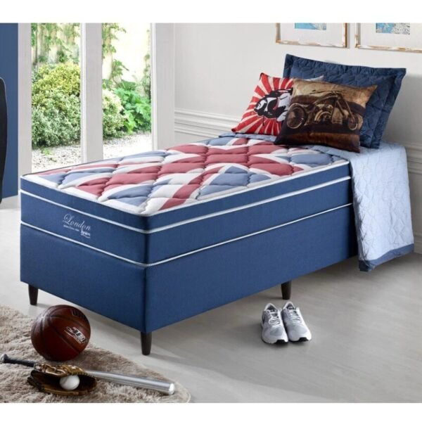 Box Azul + Colchão Solteiro London Molas Superlastic 88x188x68 - Anjos
