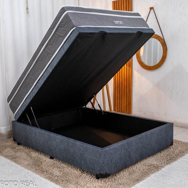 Box Baú Casal Prime Confort Korino Linho Petróleo Blindado - Issacar + Colchão Casal Essential 138x188x75 Molas Ensacadas Pocket - Inovaflex | Suporta até 250kg