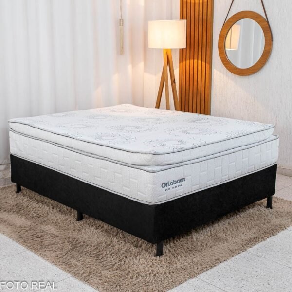 Box Casal Sued Preto Nosso Sonho + Colchão Casal New Freedom 138x188x69 Molas Ensacadas Pocket Espuma Viscoelástica D33 - Ortobom | Suporta até 300kg