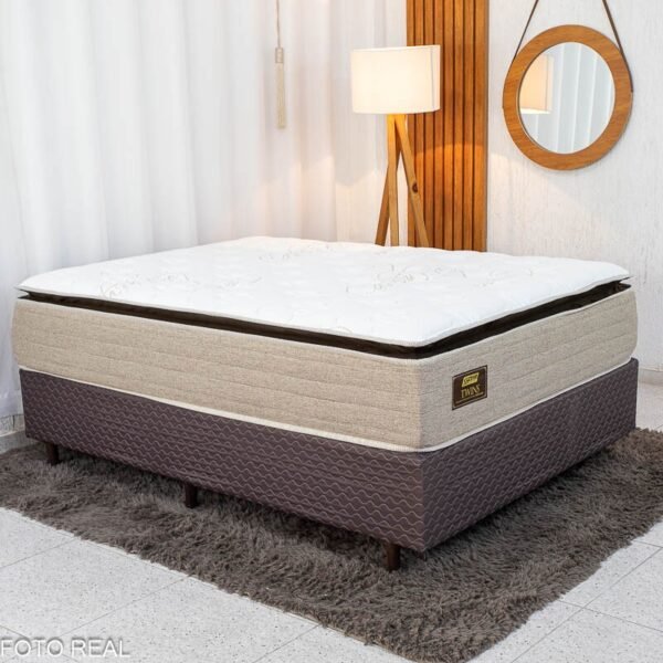 Box Casal Universal Marrom Bordado + Colchão Casal Twins 138x188x71 Molas BlueWave - Gazin | Suporta até 290kg