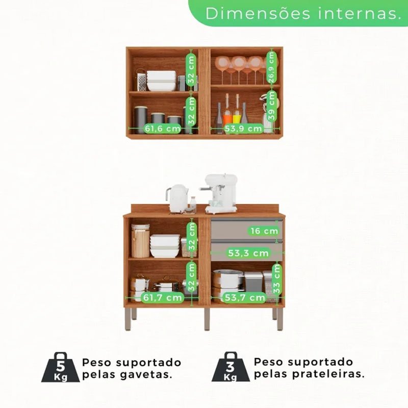 Balcão Pérola Cinamomo/Off 1.20m + Aéreo Pérola 2 Portas Cinamomo/Off 1.20m - Sallêto - Imagem 3