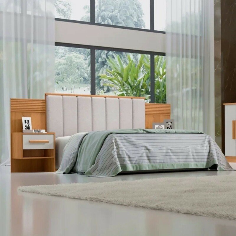 Cabeceira Queen Íris Larg. 1.60m Acolchoada Linho Bege e Detalhe Ripado Cinamomo/Off D Doro - Imagem 2