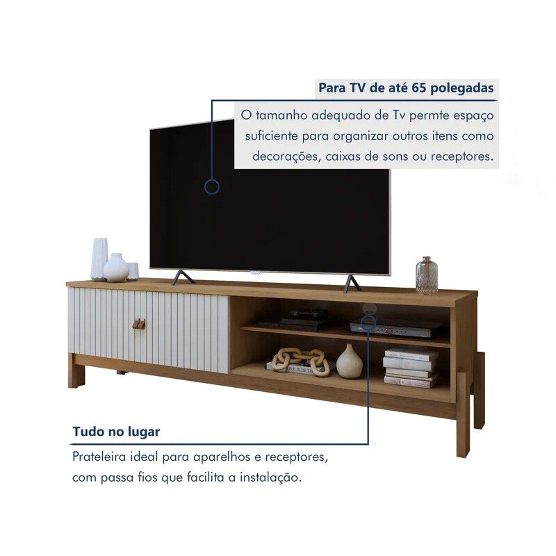 Rack Bancada Ouro Preto Larg. 1.64m Cinamomo/Off C/Detalhe Frisado para TV até 65" - Valdemóveis - Imagem 8