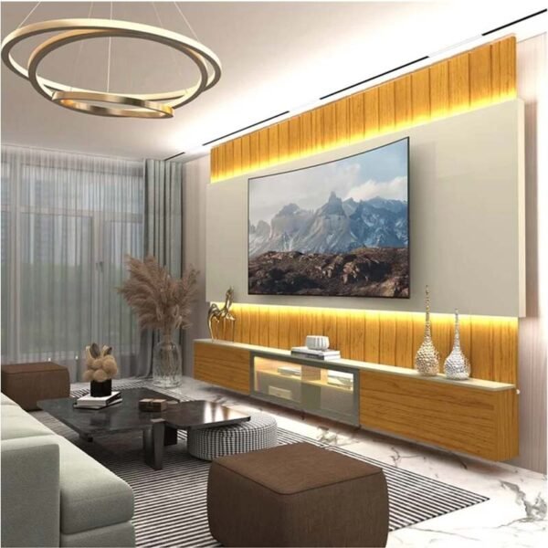 Home Suspenso Soberano Larg. 2.60m Nature/Off Reflecta C/ Led Ripado 100% MDF para TV até 85" - Gelius