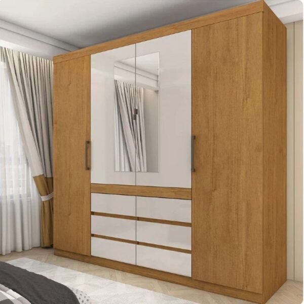 Guarda-Roupa Império Larg. 2.00m Cinamomo/Off C/Espelho 4 Portas 6 Gavetas - Carioca