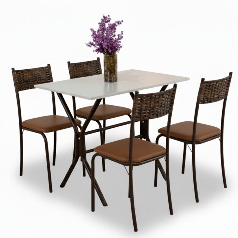 Mesa Atlanta Base Cabo Frio Marrom Tampo Off Pedra 100x60 4 Cadeiras Assento Marrom - Teixeira