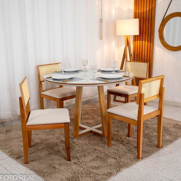 Mesa de Jantar Atlanta Redonda 120cm Cinamomo/Vidro Off 4 Cad. Santorini Linho Bege Madeira Maciça - Minas Plac