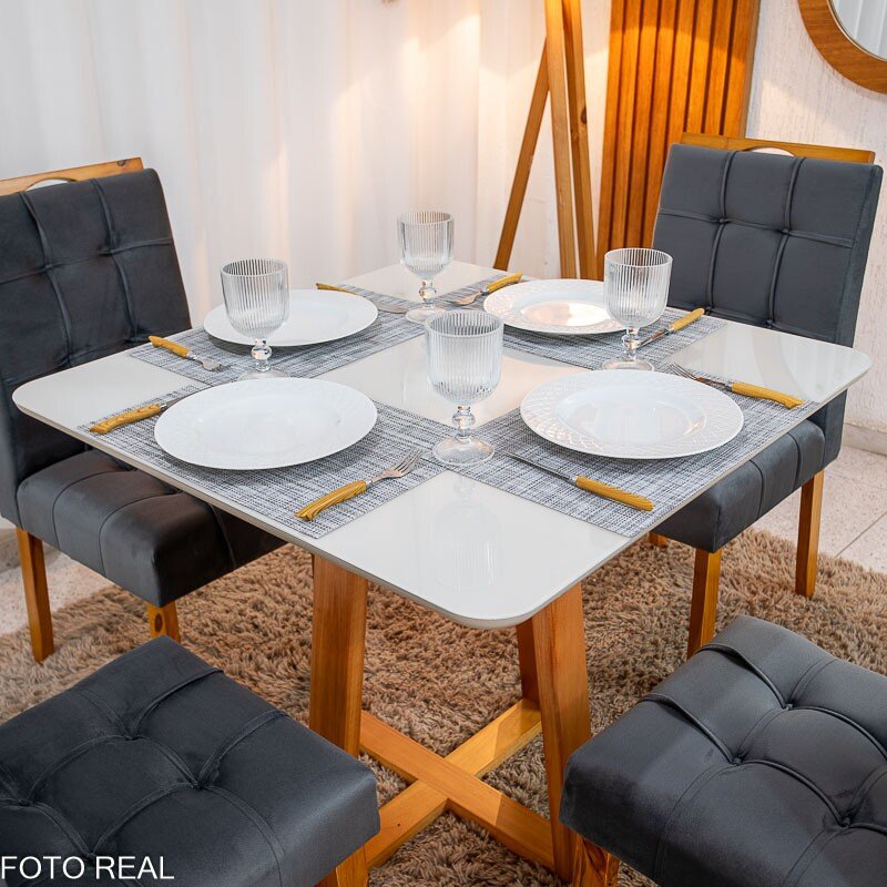 Mesa de Jantar Bali 90×90 Vidro Off/Base Madeira + 4 Cad. Londres Veludo Chumbo Madeira Minas Plac - Entregue Montada - Imagem 2