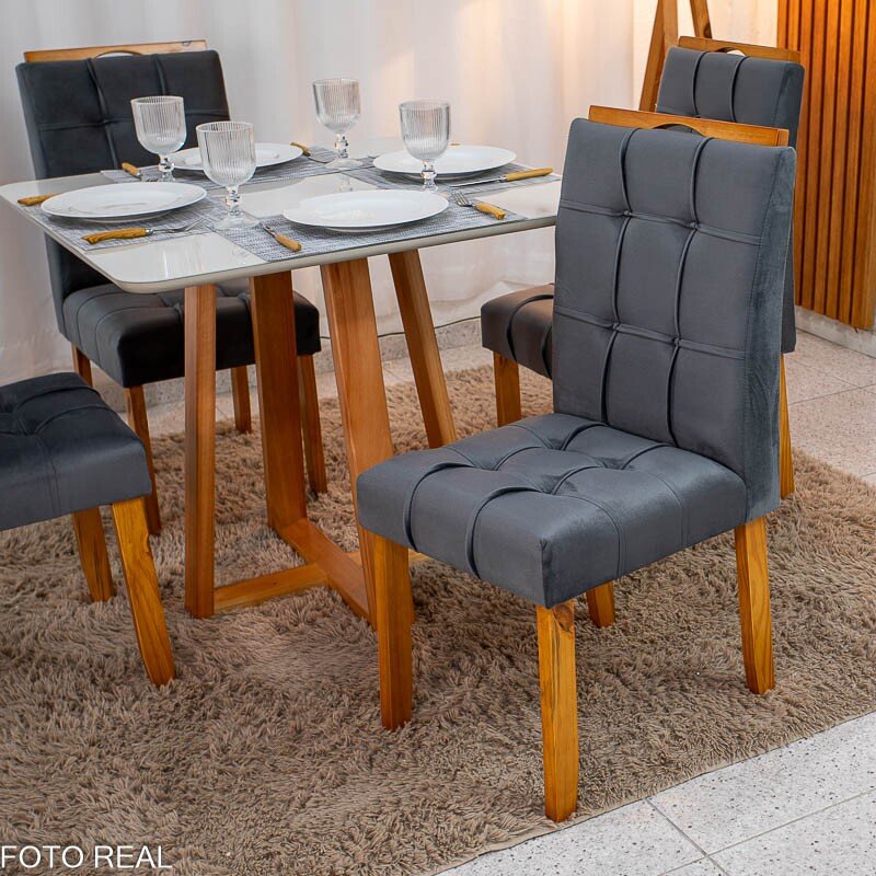 Mesa de Jantar Bali 90×90 Vidro Off/Base Madeira + 4 Cad. Londres Veludo Chumbo Madeira Minas Plac - Entregue Montada - Imagem 4