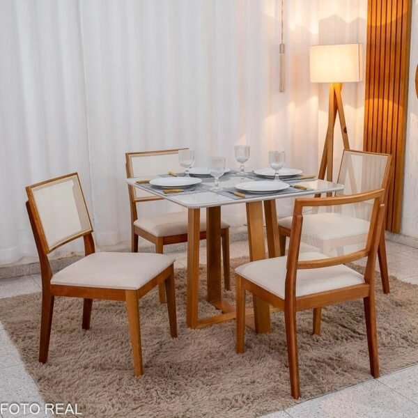 Mesa de Jantar Bali 90x90 Vidro Off/Base Madeira Minas Plac + 4 Cad. Dubai Linho Bege 629 Madeira Maciça - Art Assento