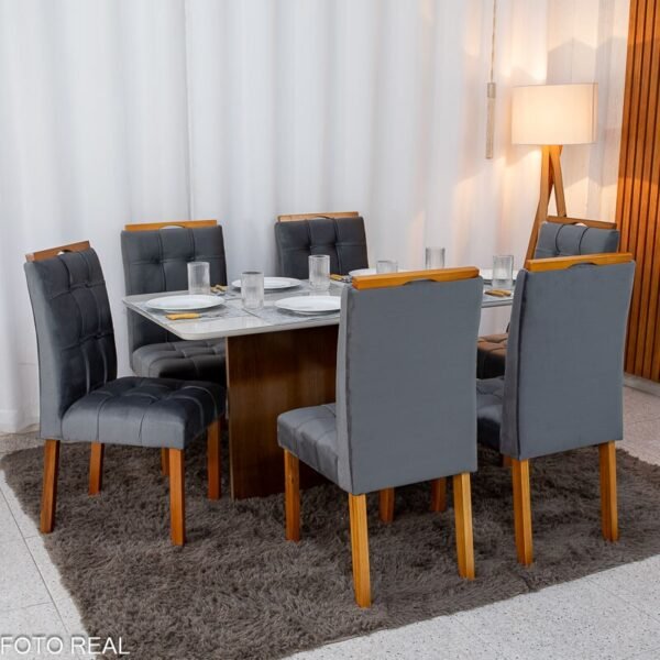 Mesa de Jantar Moscou 160x80 Vidro Off/Base Cinamomo + 6 Cad. Londres Veludo Chumbo Madeira Minas Plac - Entregue Montada