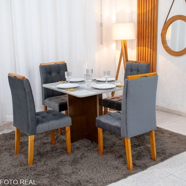 Mesa de Jantar Moscou 90x90 Vidro Off/Base Cinamomo + 4 Cad. Londres Veludo Chumbo Madeira Maciça Minas Plac - Entregue Montada