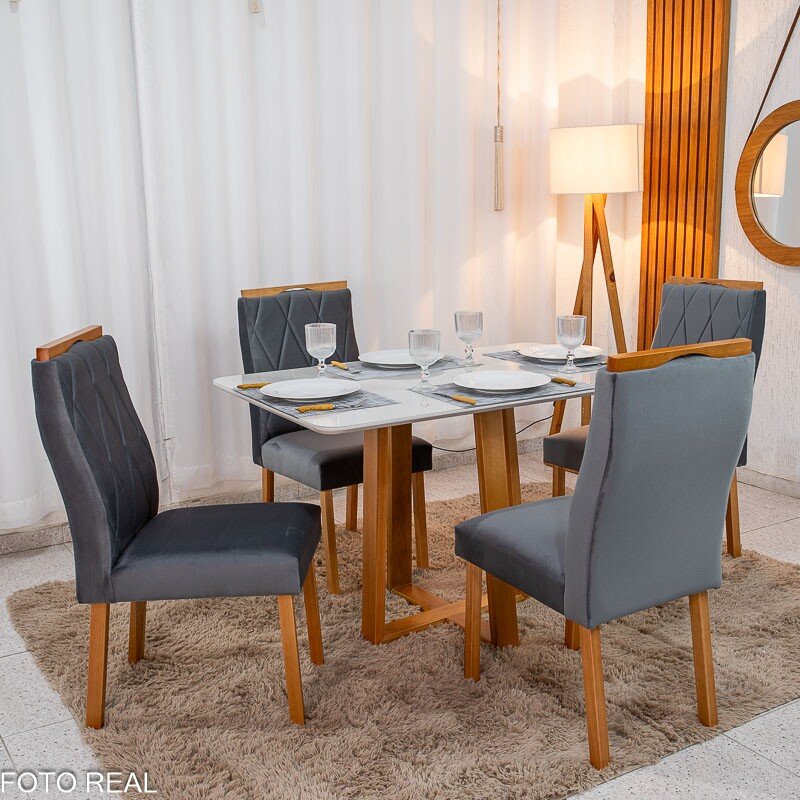 Mesa de Jantar Pedro 120×80 Vidro Off/Base Madeira + 4 Cad. Lisboa Veludo Cinza 507 Madeira Art Assento - Entregue Montada