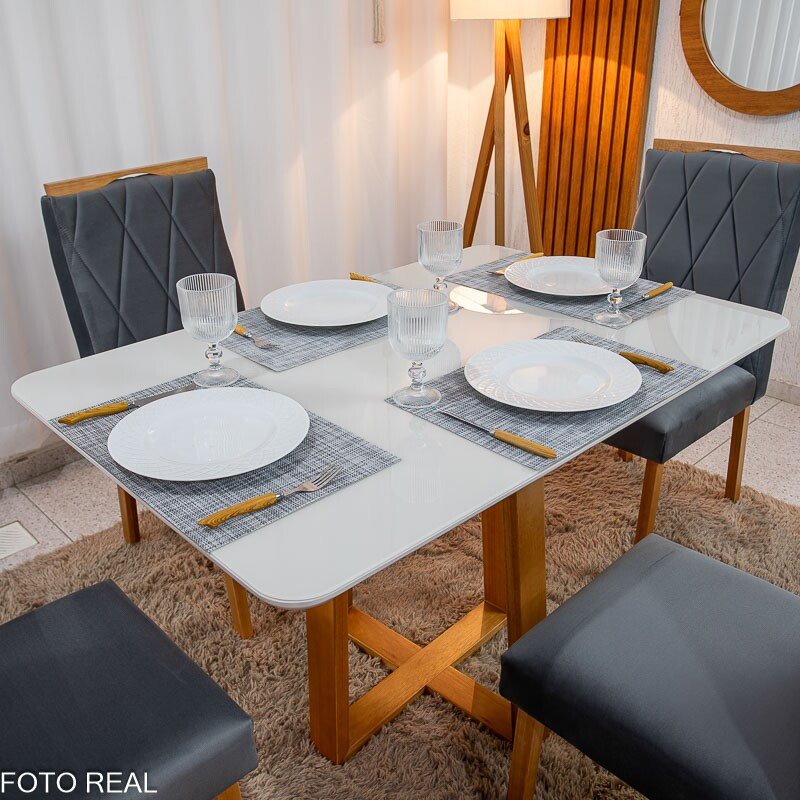 Mesa de Jantar Pedro 120×80 Vidro Off/Base Madeira + 4 Cad. Lisboa Veludo Cinza 507 Madeira Art Assento - Entregue Montada - Imagem 2