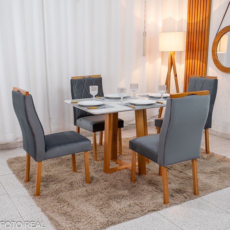 Mesa de Jantar Pedro 120×80 Vidro Off/Base Madeira + 4 Cad. Lisboa Veludo Cinza 507 Madeira Art Assento - Entregue Montada - Imagem 3
