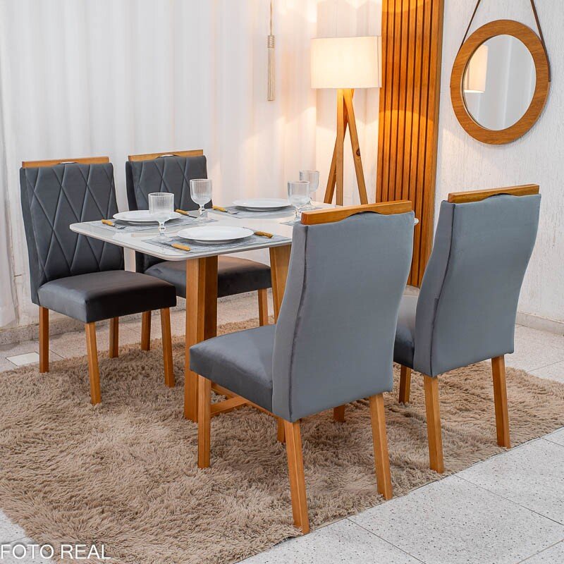 Mesa de Jantar Pedro 120×80 Vidro Off/Base Madeira + 4 Cad. Lisboa Veludo Cinza 507 Madeira Art Assento - Entregue Montada - Imagem 4